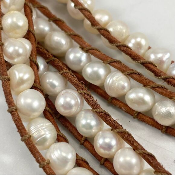Stunning Brown Leather Freshwater Pearl Wrap Rope Bracelet Boho Statement - Picture 3 of 5